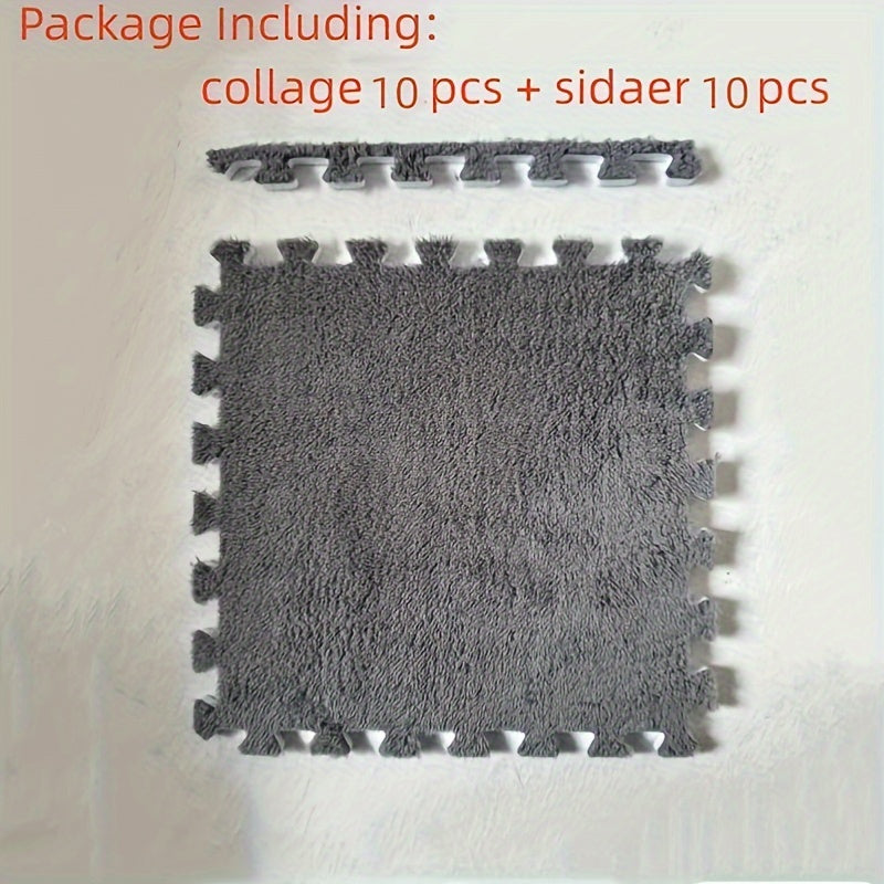 Set of 12 Water-Resistant Plush Interlocking Area Rug Tiles 29.97cm Solid Color