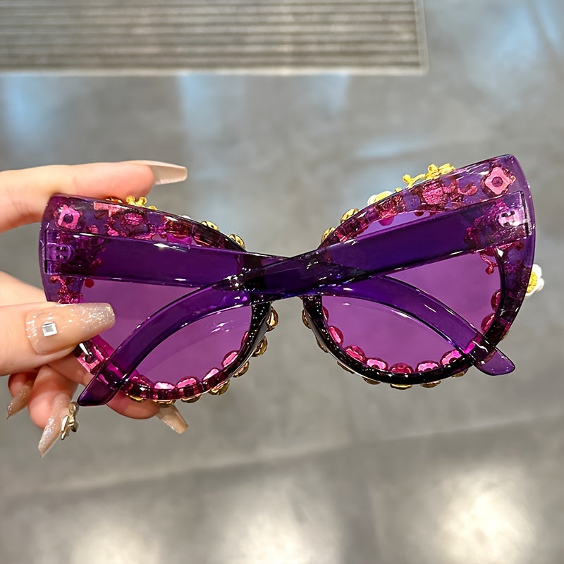 Floral Rhinestone Cat-Eye Gradient Sunglasses for Costume Parties and Proms