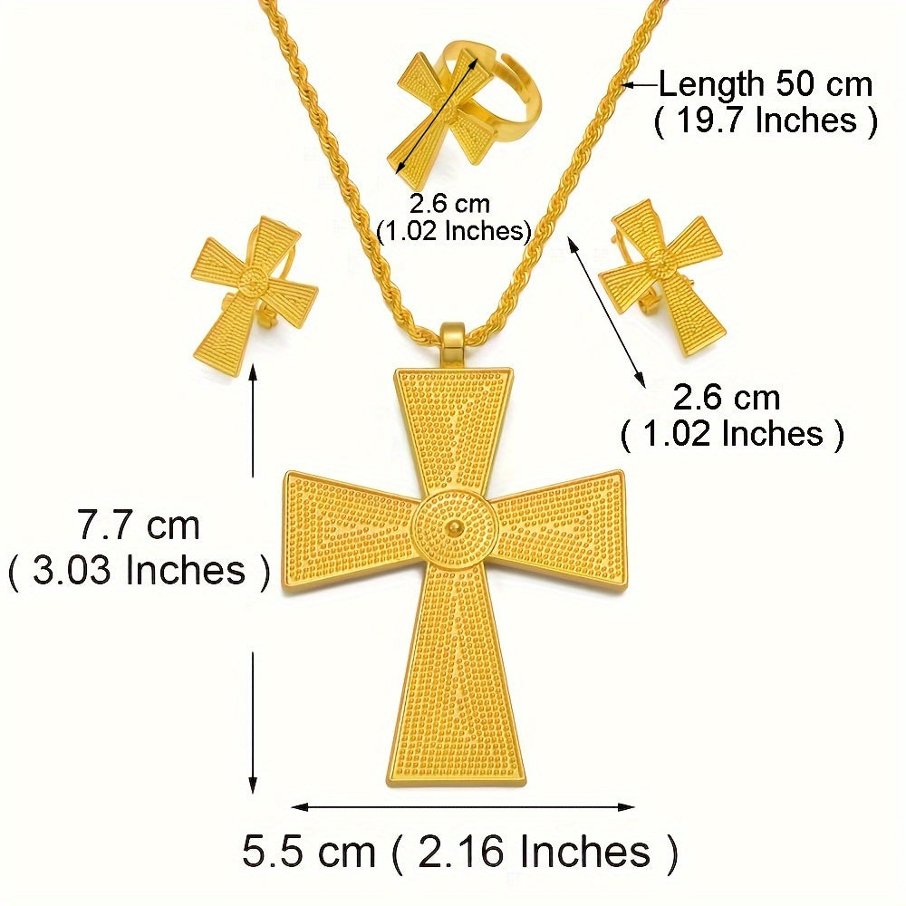 Female Punk Style Jewelry Set with Cross Earrings Necklace and Ring Zinc Alloy 18K Plated