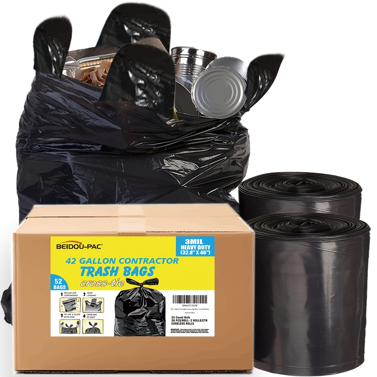 Heavy Duty Black Contractor Trash Bags 158.99L 208.2L 2 Rolls Handle Ties