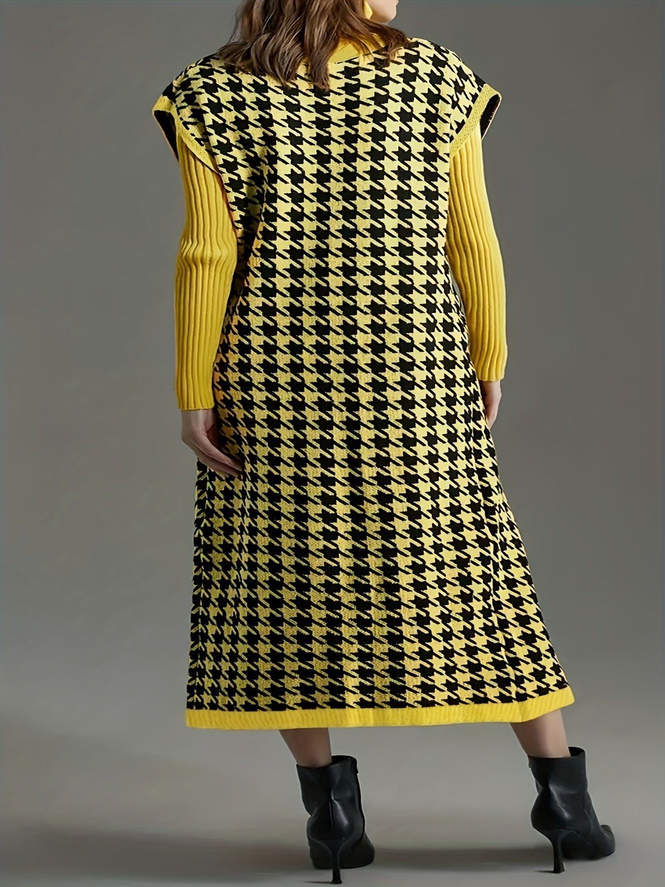 Plus o'lcham ayollar uchun Houndstooth rang-bloksiz bezakli bezakli sviter, kamyob sviter