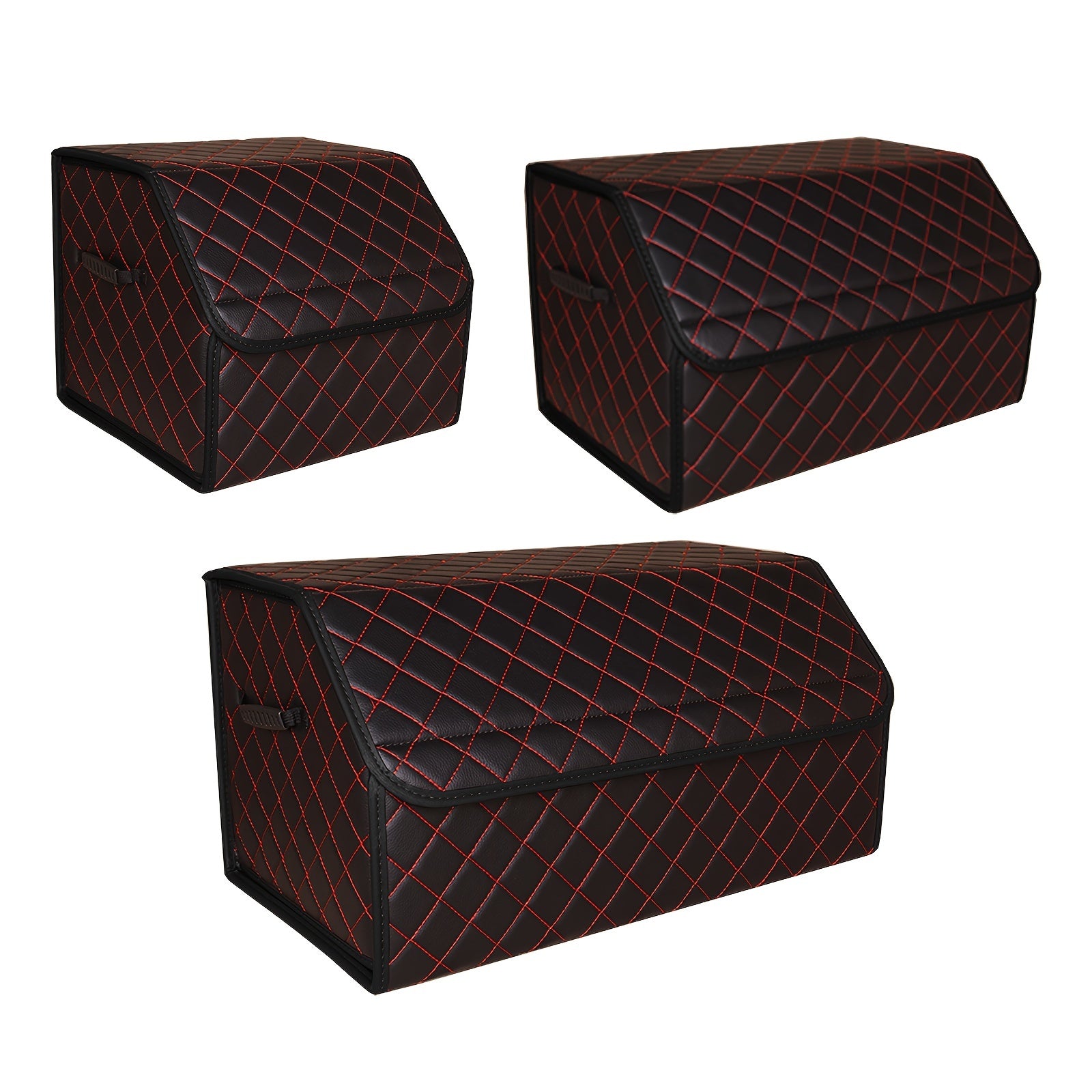 Organizador de maletero de coche plegable de cuero PU con costura de diamantes y acentos rojos para coches, camiones y SUVs