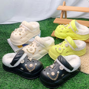 Women's Faux Fur-Lined EVA Slippers with Gold Bear and Floral Charms