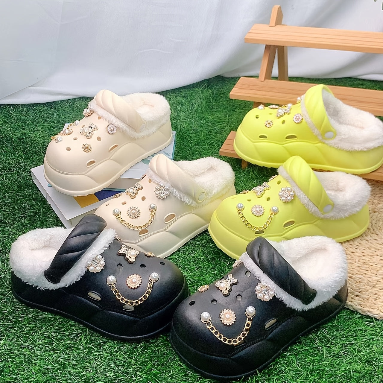 Women's Faux Fur-Lined EVA Slippers with Gold Bear and Floral Charms