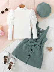 Kuz/qish uchun zamonaviy 4 qismli qizlar kiyim to'plami: bo'yinli ko'ylak, kurtka, suspendorli ko'ylak va kamar.