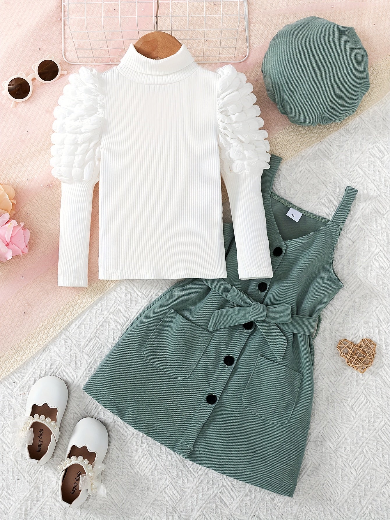 Kuz/qish uchun zamonaviy 4 qismli qizlar kiyim to'plami: bo'yinli ko'ylak, kurtka, suspendorli ko'ylak va kamar.