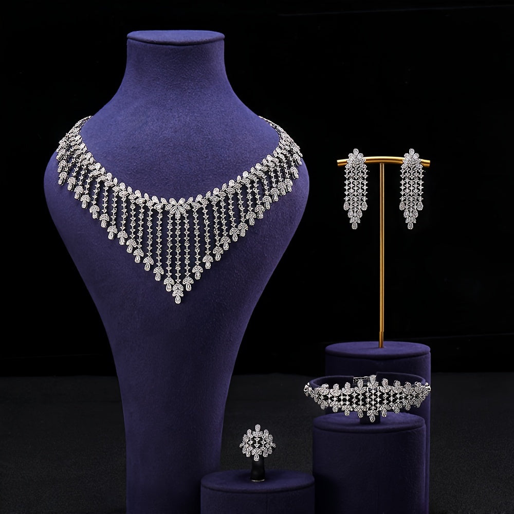 Jewelry Set 4-Piece Cubic Zirconia Necklace Earrings Bracelet Ring Women Wedding Bridal Party