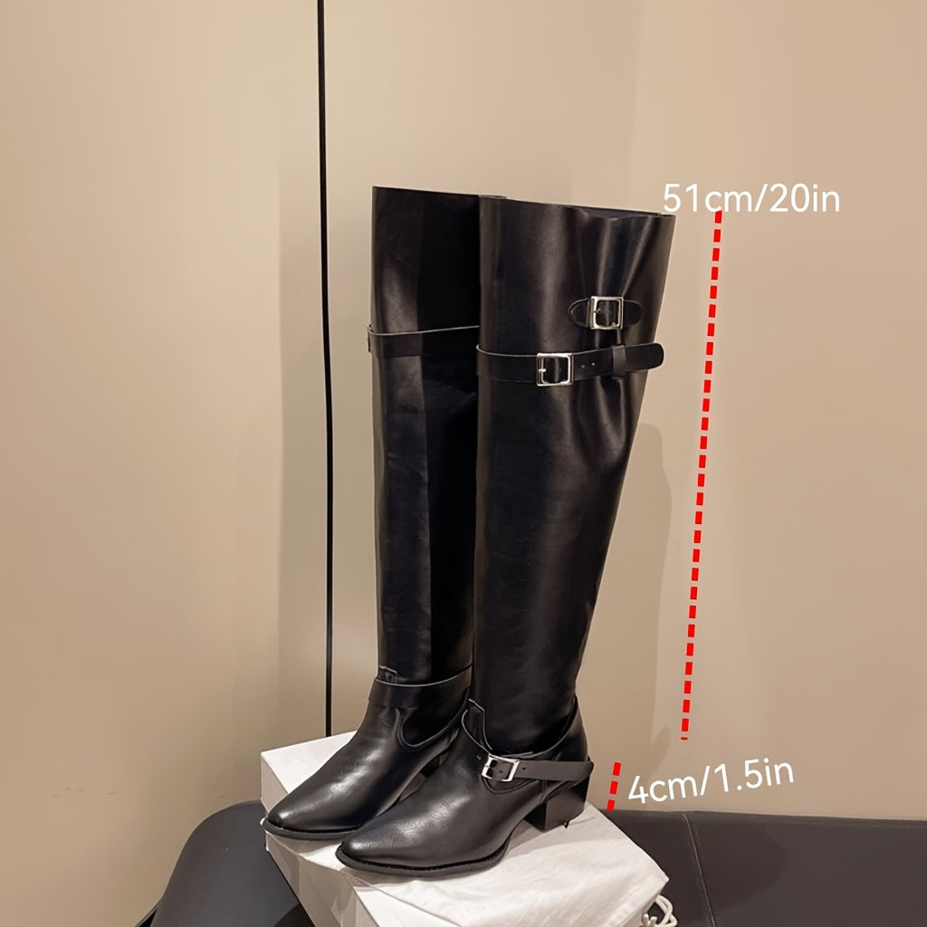 Women's High-Calf Boots Synthetic Slip-On Chunky Mid-Heel All-Season Black