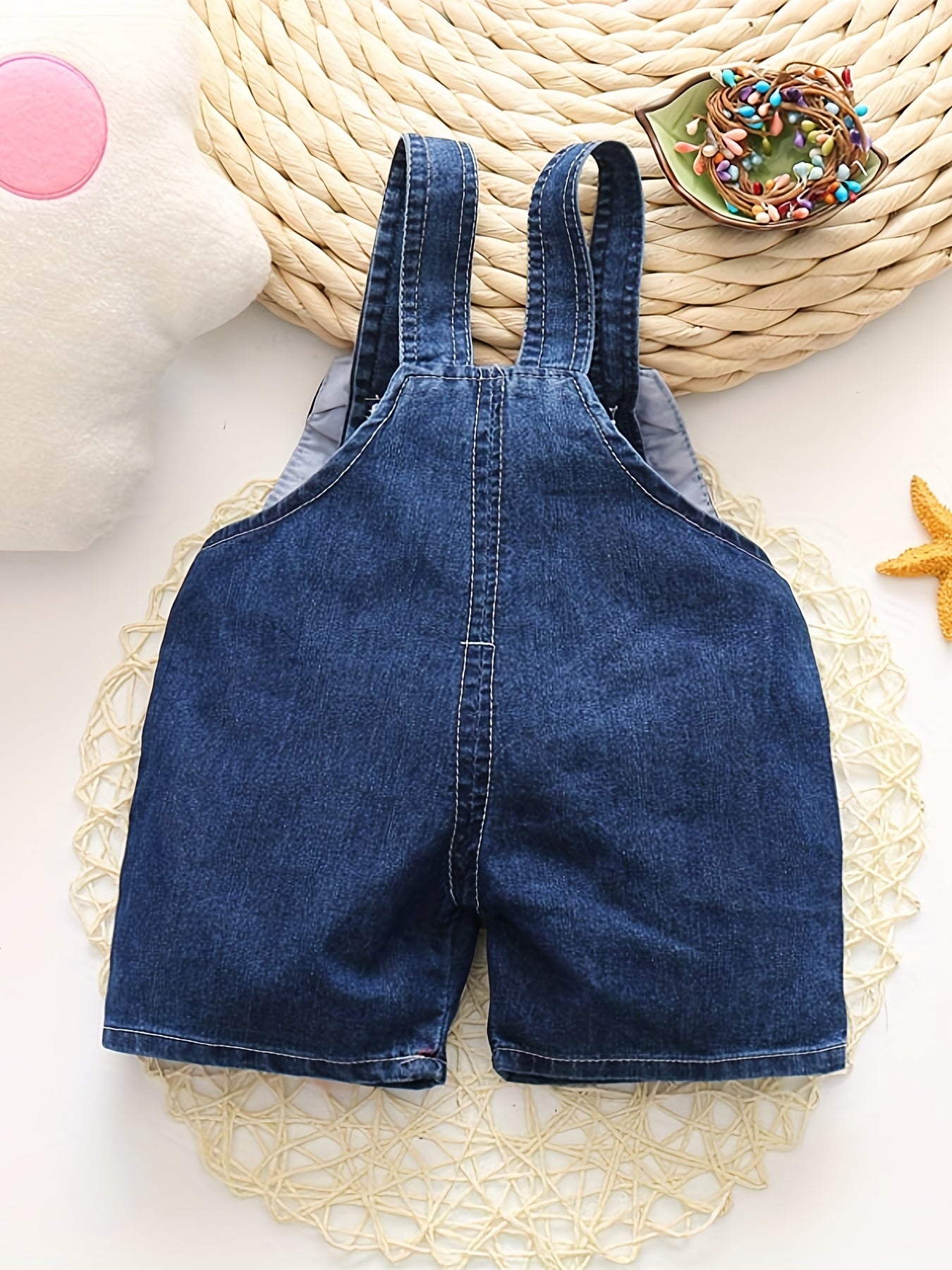 Baby Boy Denim Overalls Shorts Summer Bear Applique Cotton Polyester Viscose Spandex