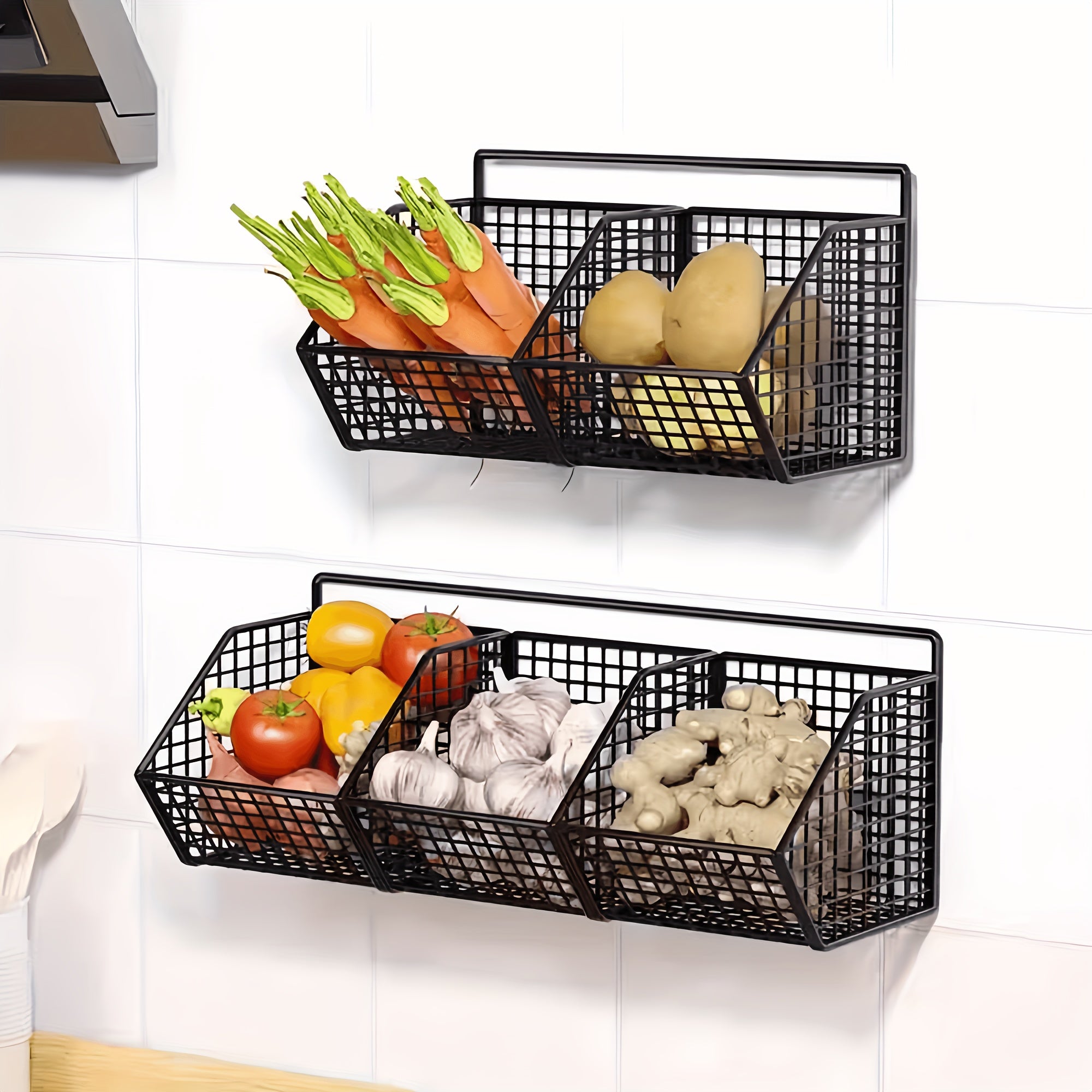 Wall Mounted Wire Fruit Basket with Three Compartments for Kitchen Bathroom Storage