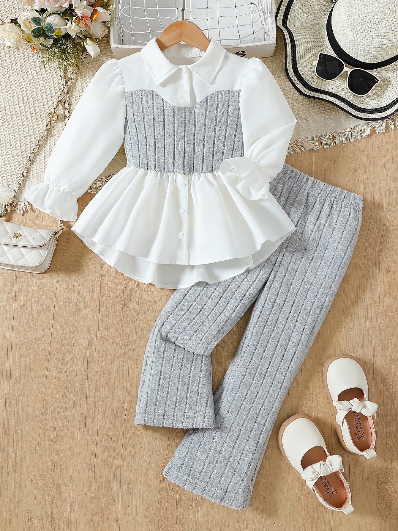 Girls Autumn Two-Piece Set Long Sleeve Collared Shirt and Stretch Pants for Casual and Daily Wear