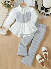 Girls Autumn Two-Piece Set Long Sleeve Collared Shirt and Stretch Pants for Casual and Daily Wear