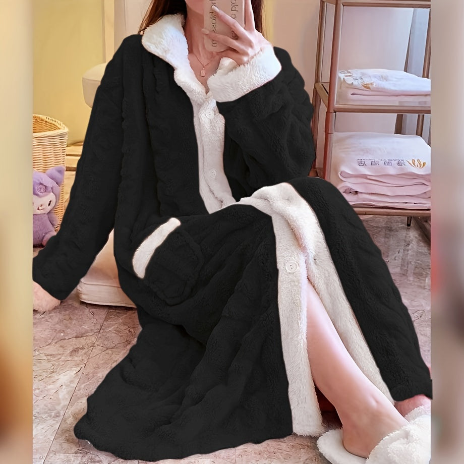 Pink Coral Velvet Women's Bathrobe with Contrast Trim Cozy Lounge Wear