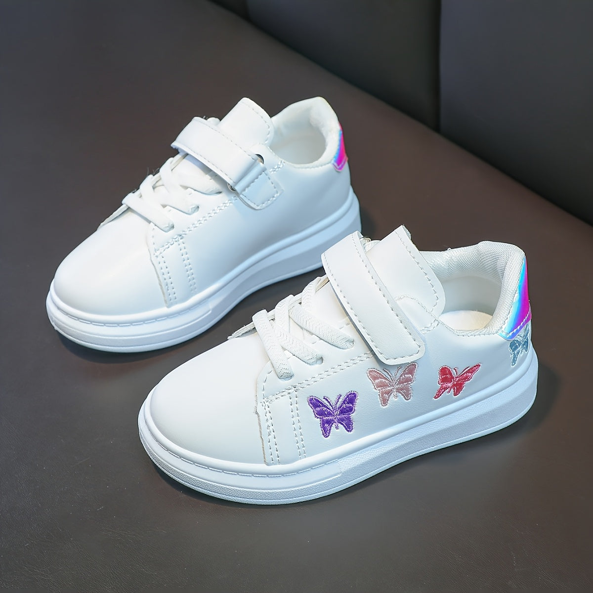 Girls White Sneakers with Strap Embroidered Butterfly Low Top Rubber Sole