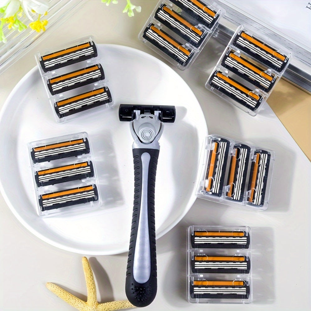 Stainless Steel Safety Razor with Handle and 12 Blades for Beard and Mustache Grooming