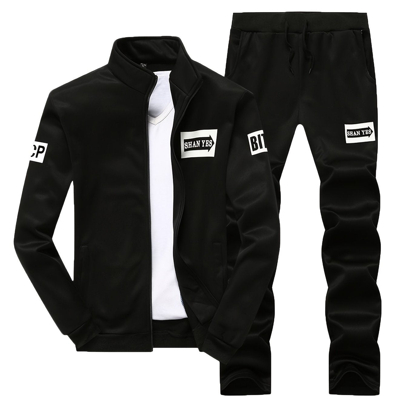 Men's Fleece Tracksuit Set with Pockets and "SPORT" Lettering in Black Polyester for Spring Fall