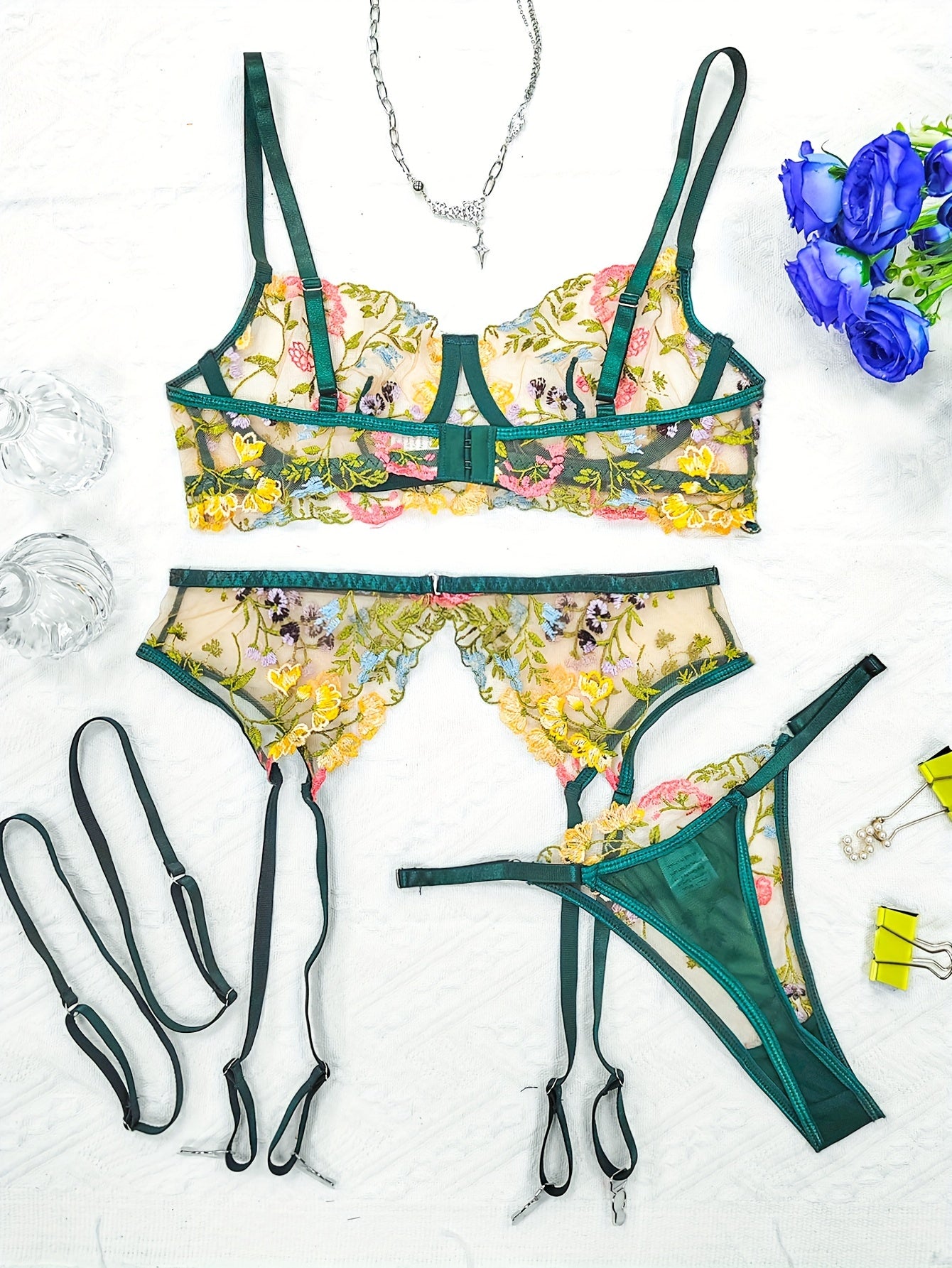 Women's Floral Embroidery Lingerie Set with Semi-Sheer Fabric Bra Garter Belt Thong