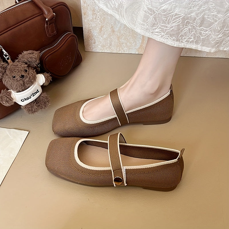 Women's Knit Square Toe Mary Jane Flats Yellow Fabric Casual Dressy Shoes