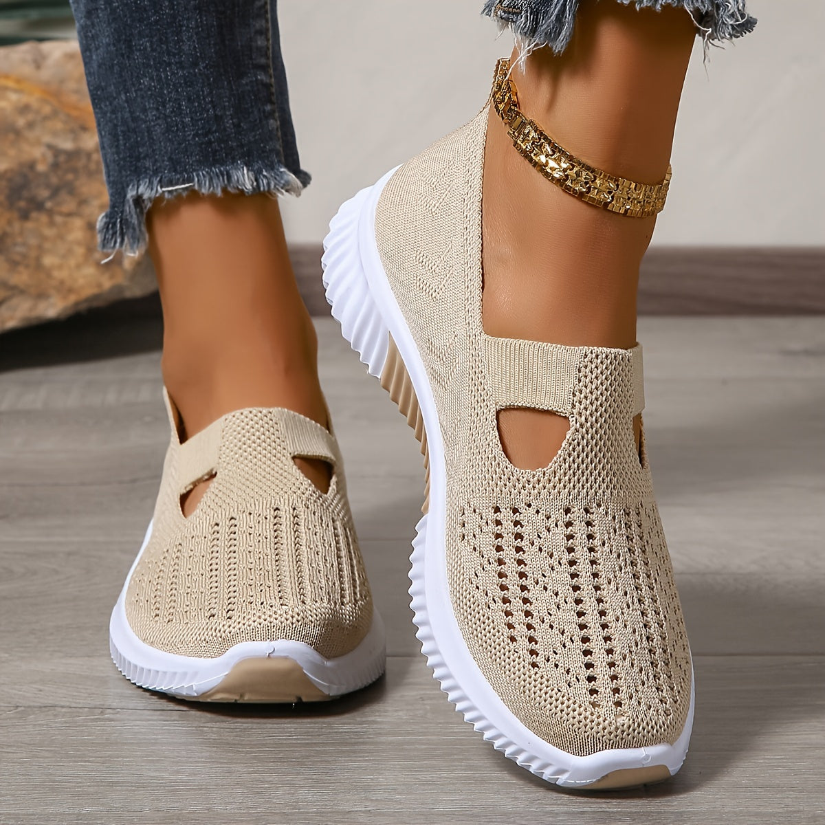 Women's Breathable Slip-On Sneakers Knit Fabric All-Season Walking Shoes