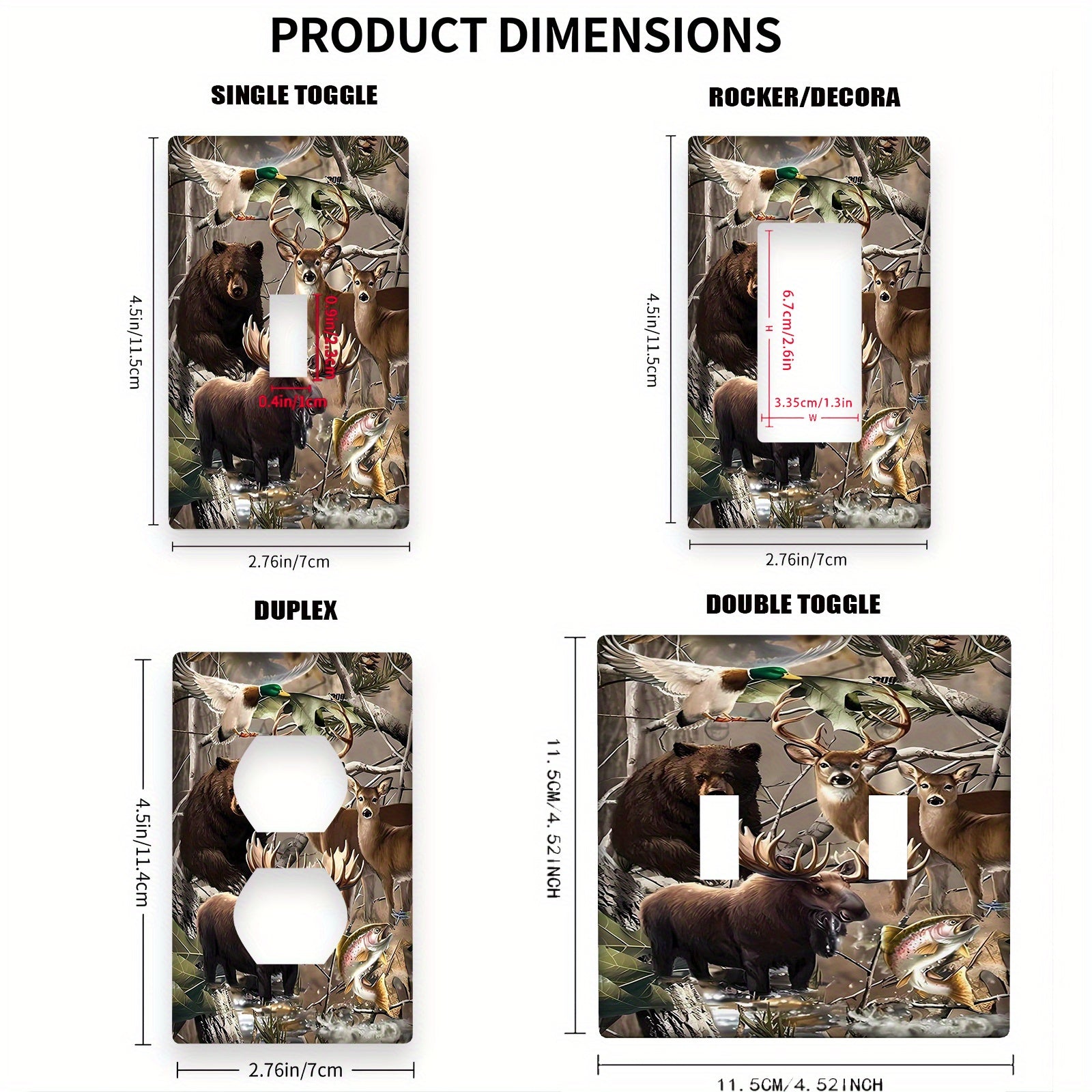 "Bear Forest Deer Light Switch Cover" sindirilmaydigan polykarbonatdan tayyorlangan, ichki va tashqi foydalanish uchun mos.