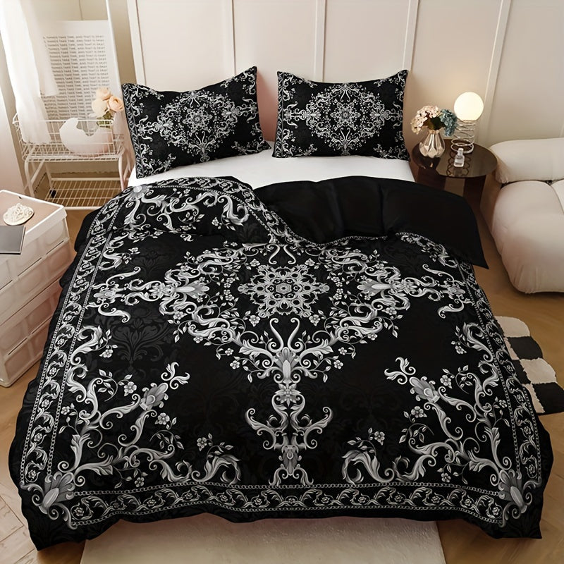 3-Piece Duvet Cover Set with Pillowcases Black and White Damask Digital Print Breathable Polyester All-Season