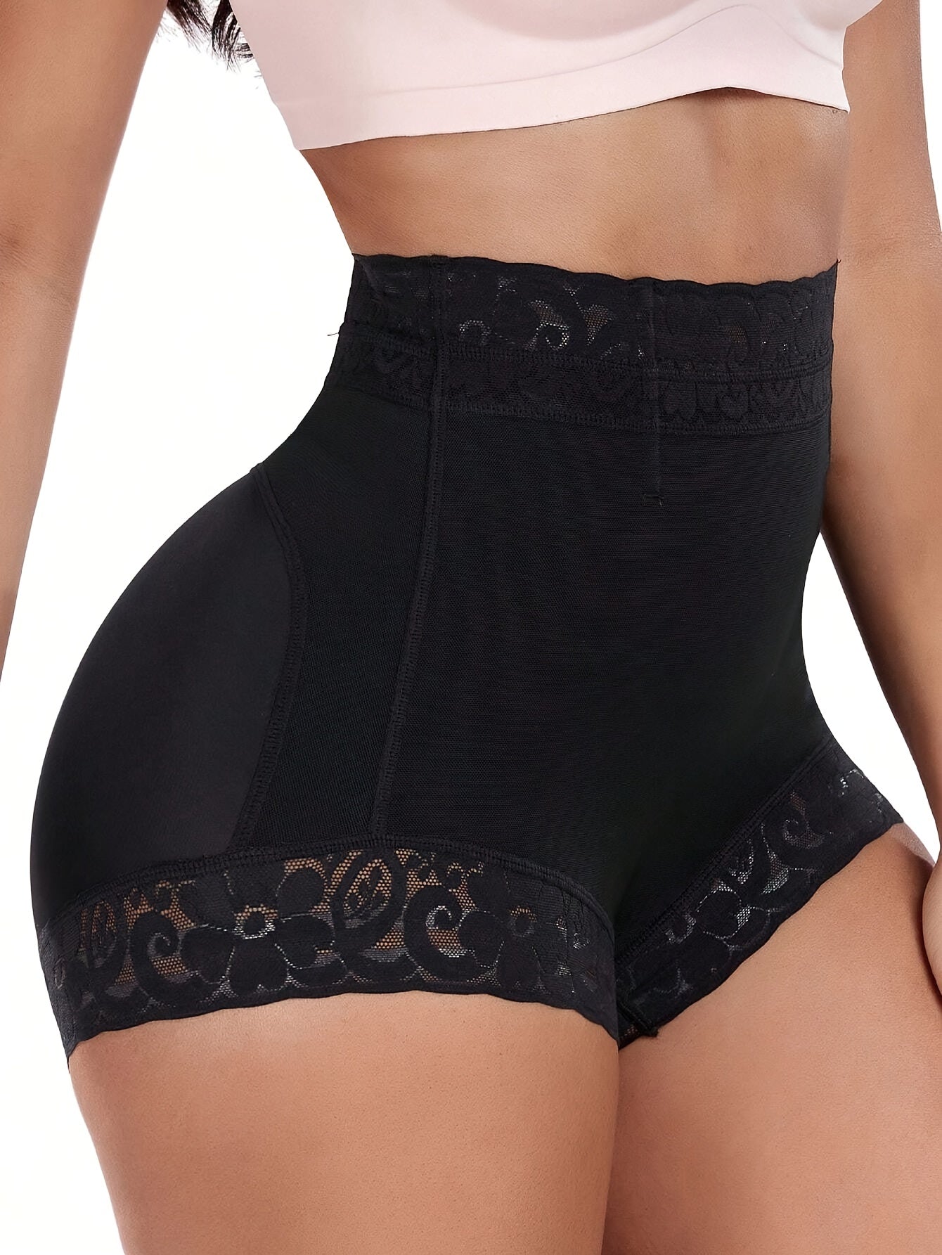 Women's High-Waist Black Shaping Shorts with Lace Detail Tummy Control Butt Lift