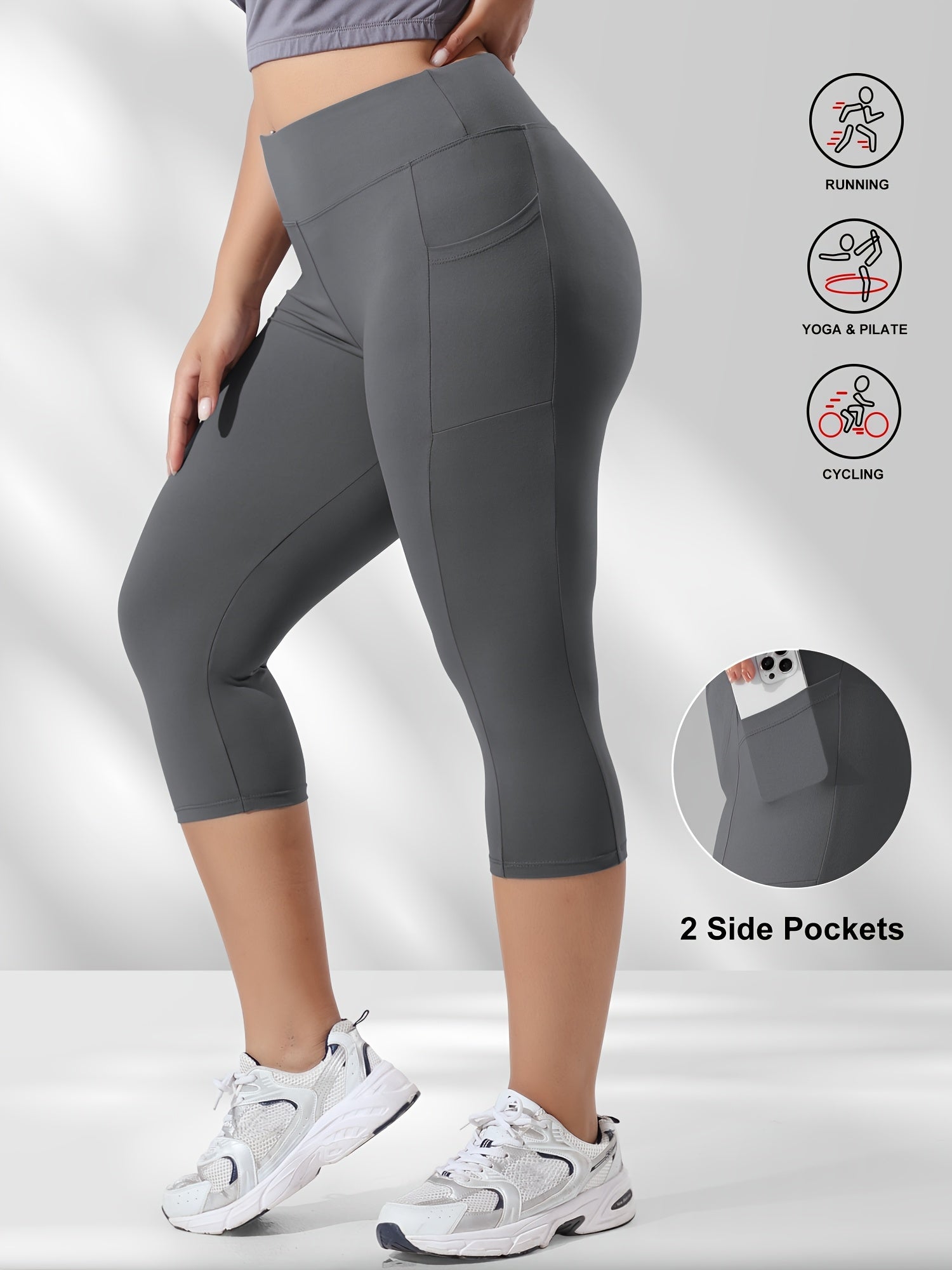 Plus Size High Waist Capri Leggings with Pockets for Women, Yoga, Running