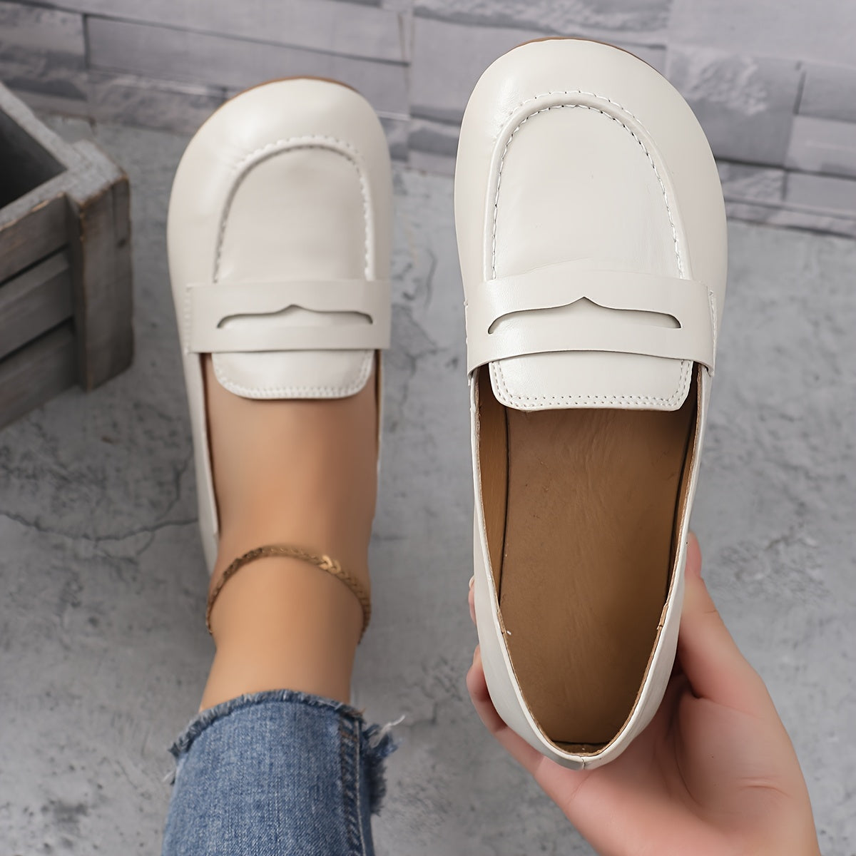 Women's White Faux Leather Slip-On Loafers All-Season Round Toe Flats
