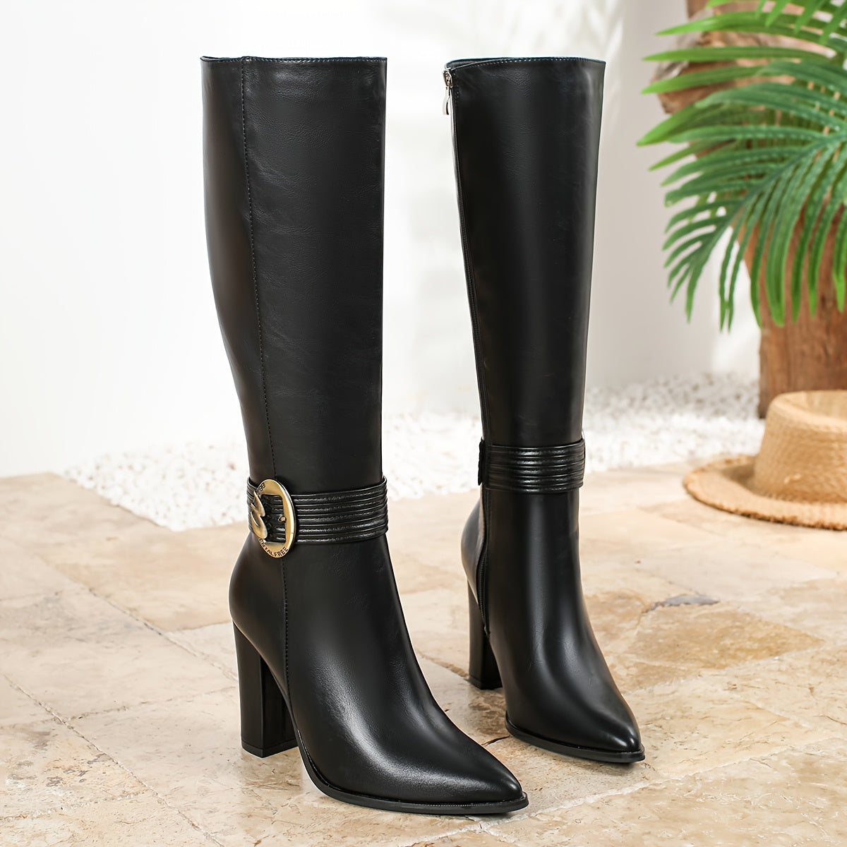 Women’s Winter Knee-High Boots Synthetic Cover Pointed Toe Chunky Heel Black