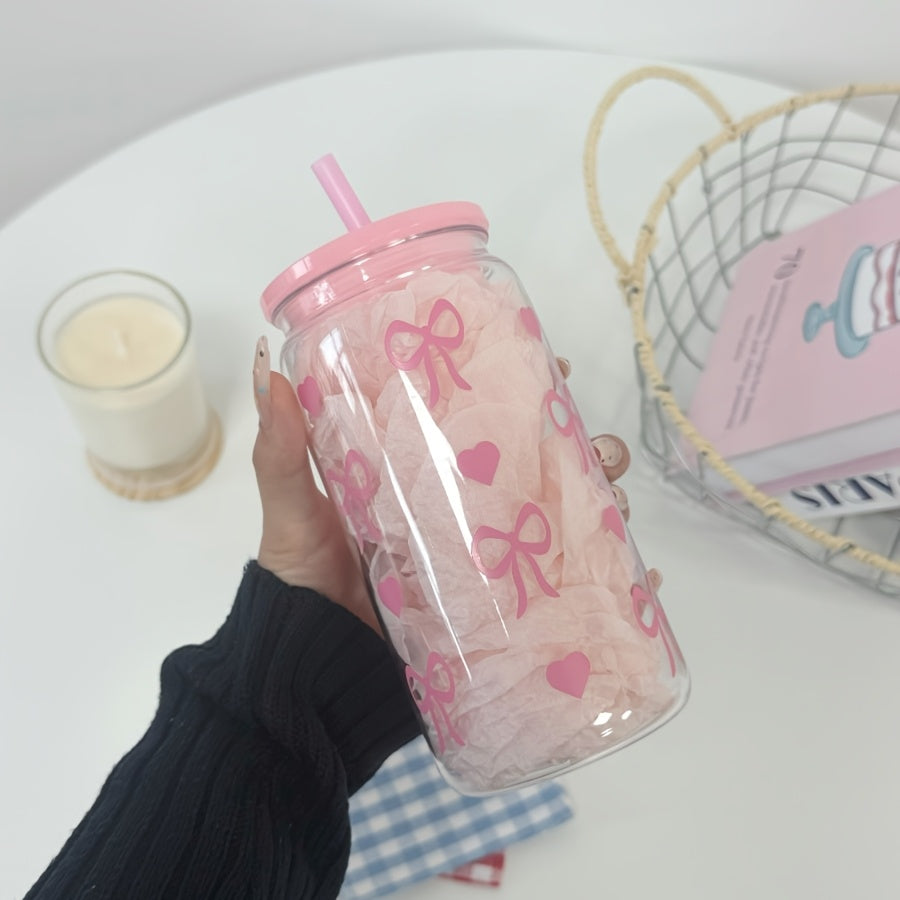 16oz Pink Bowknot Travel Mug with Straw and Lid BPA-Free Plastic