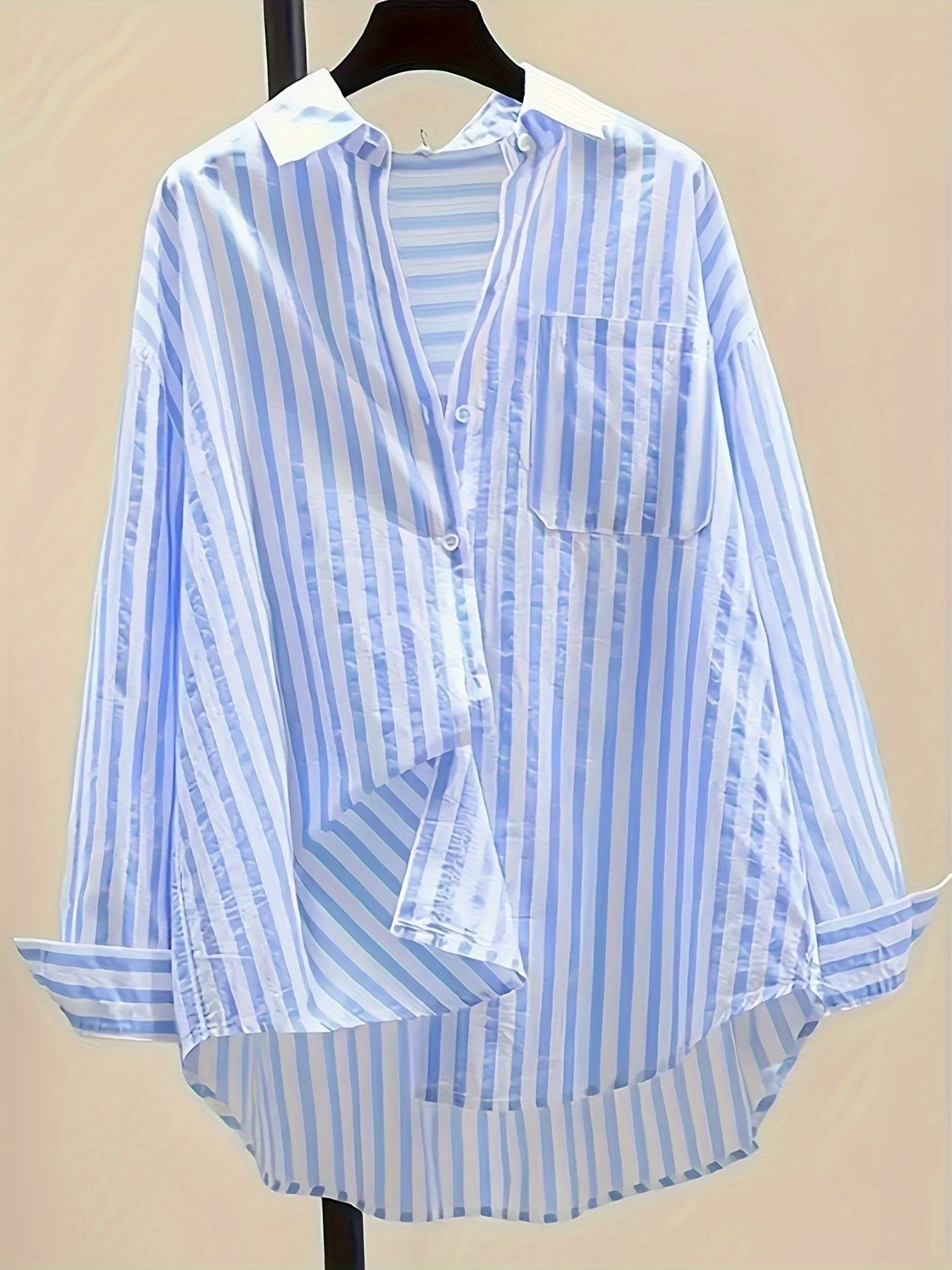 Women's Blue and White Striped Long Sleeve Button-Up Shirt with Collar
