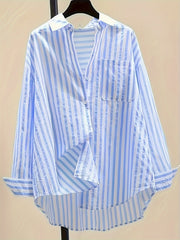 Women's Blue and White Striped Long Sleeve Button-Up Shirt with Collar