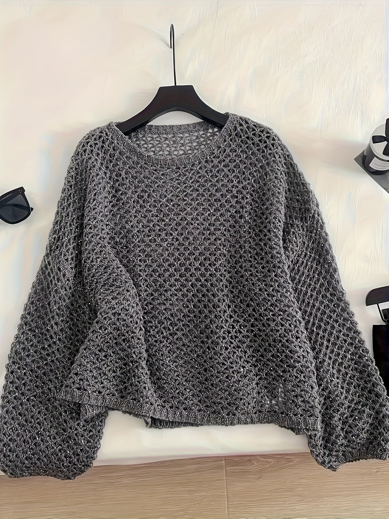 Women Plus Size Light Gray Crochet Sweater Long Sleeve Round Neck Pullover