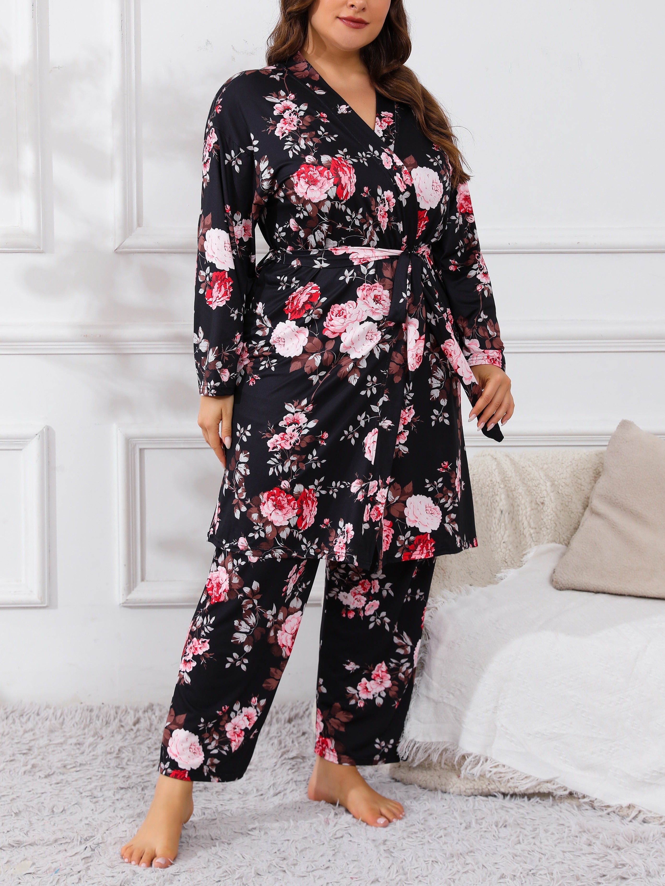 Plus Size Floral Print Pajama Set for Women Long Sleeve Lounge Robe Camisole and Pants Fall Winter Knit Polyester Blend