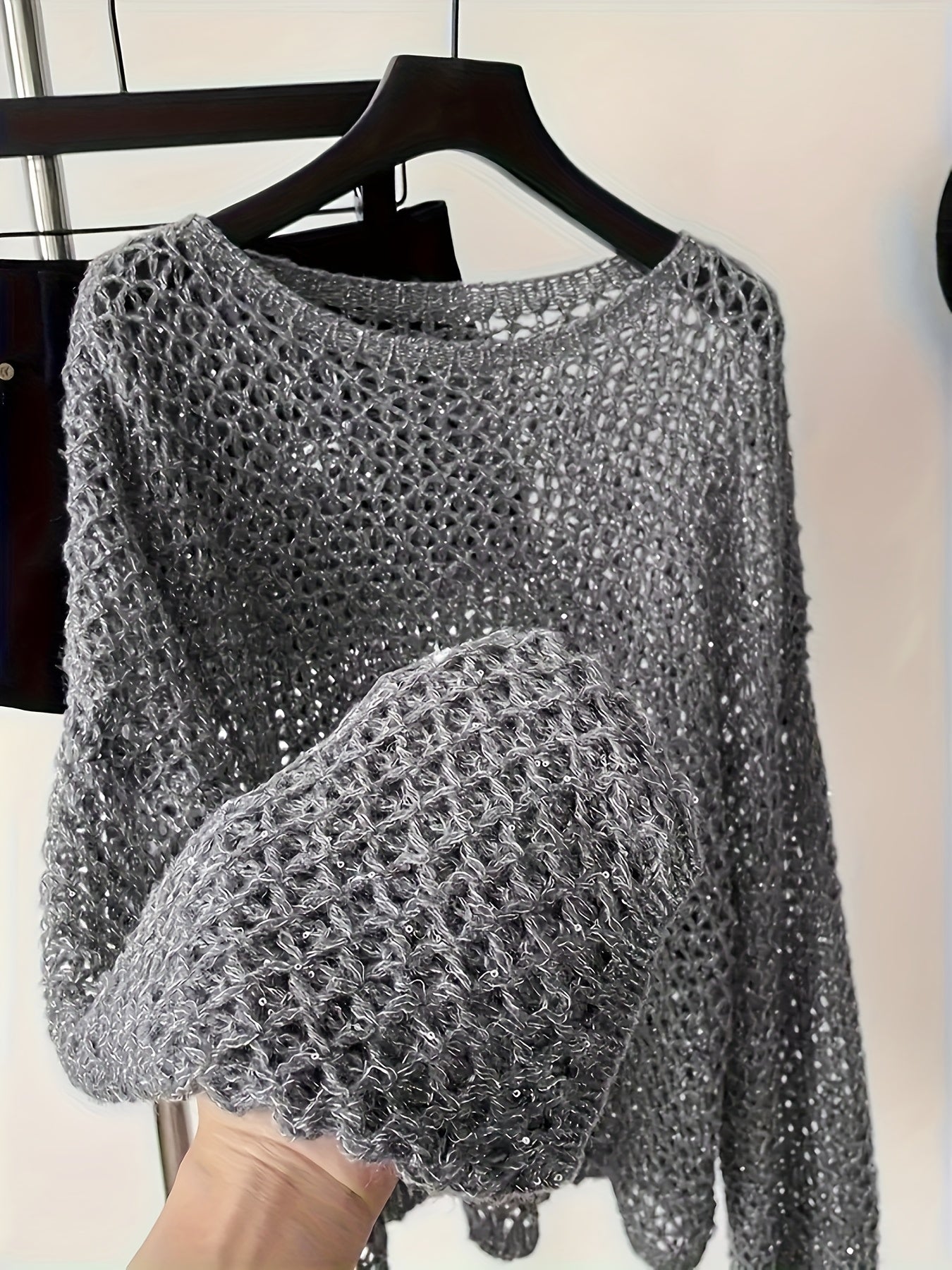 Women Plus Size Light Gray Crochet Sweater Long Sleeve Round Neck Pullover