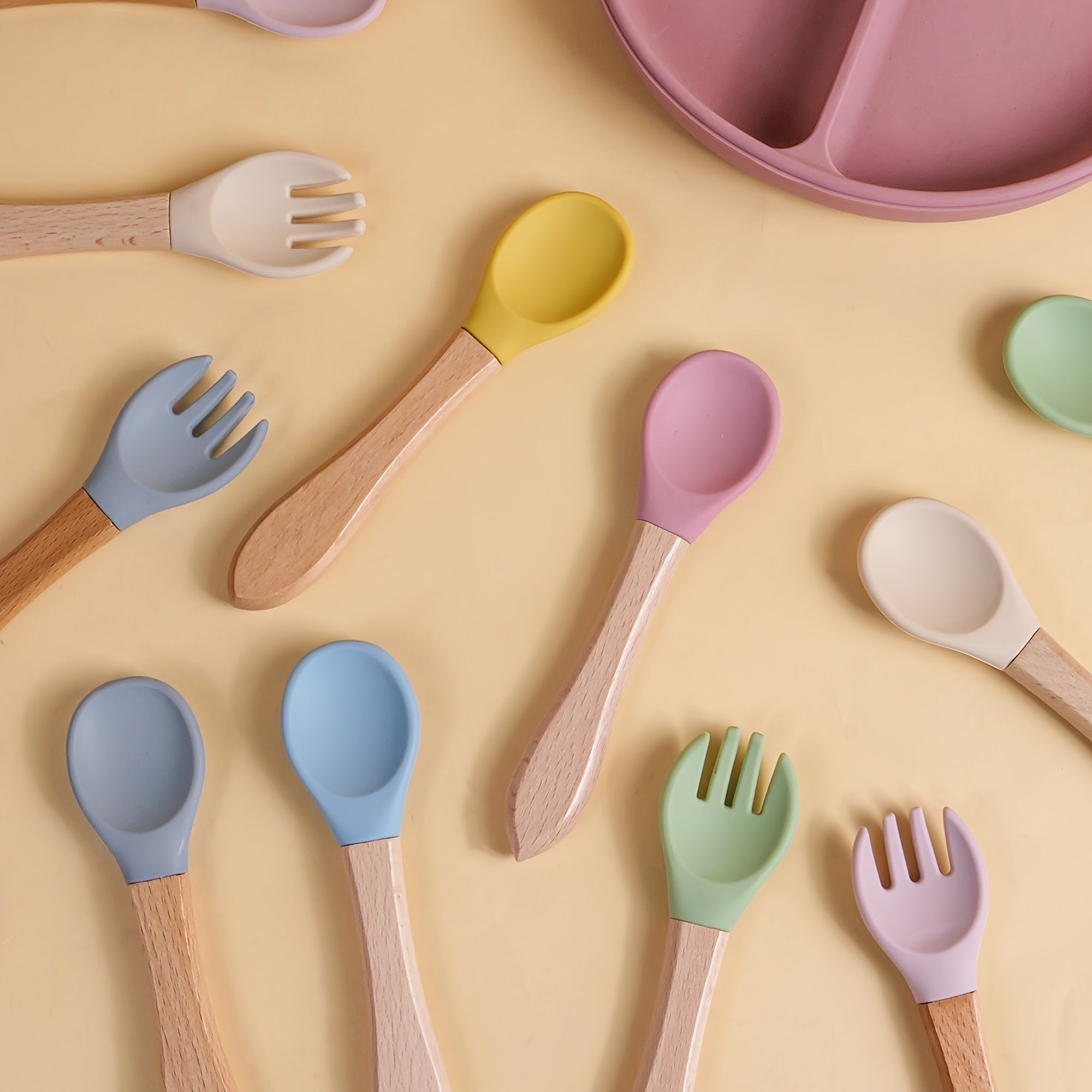 Baby Feeding Set Bamboo and Silicone Fork and Spork for Toddler Self-Feeding