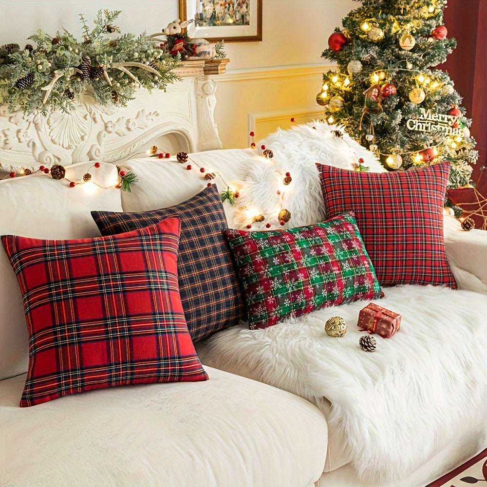 Machine Washable Polyester Throw Pillow Cover with Christmas Plaid Design