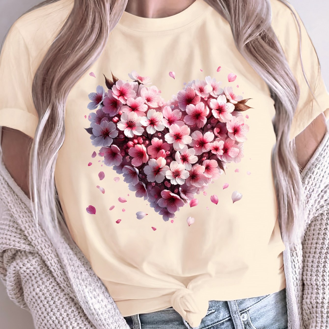 Women Plus Size Loose T-Shirt with Heart Pattern Cotton Short Sleeves