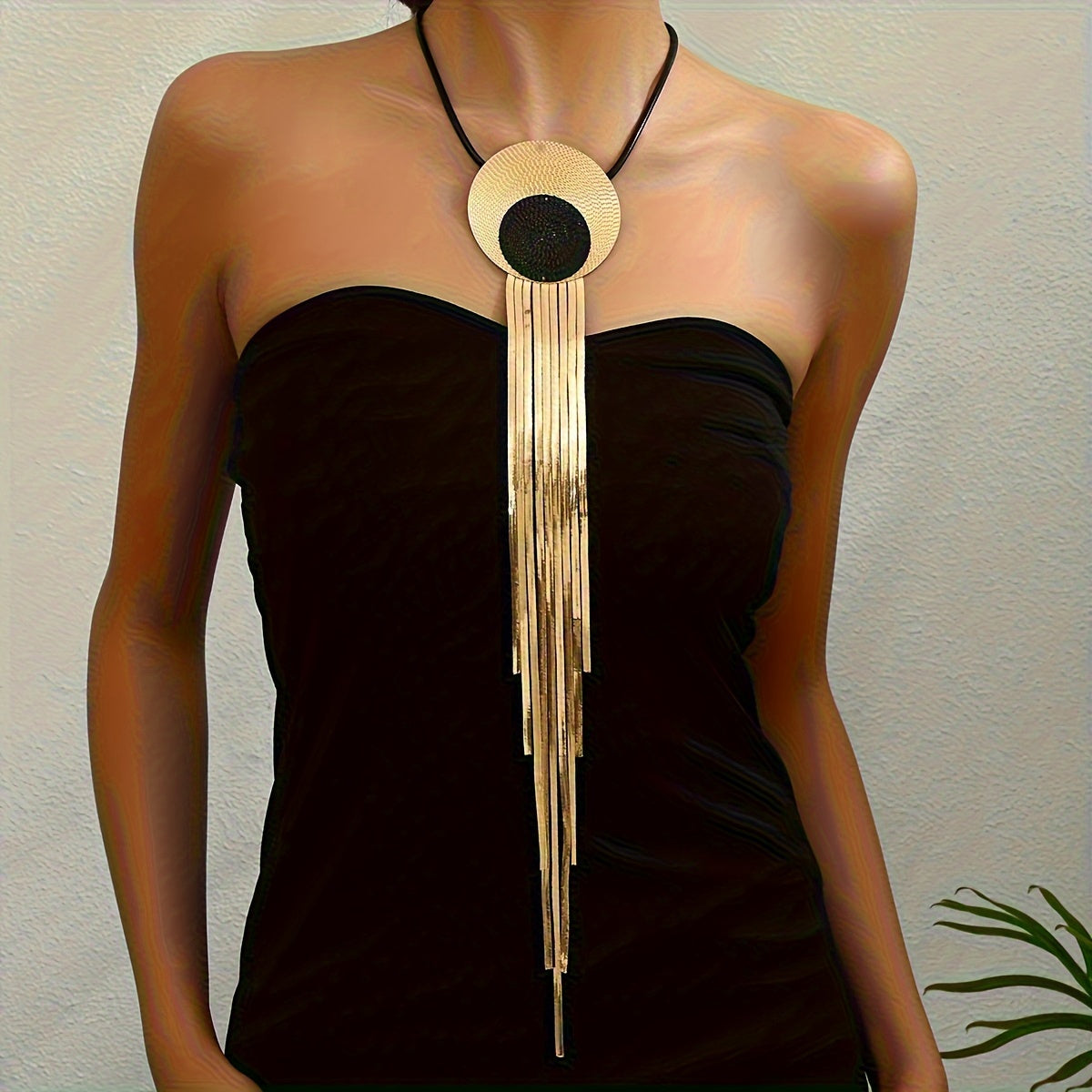 Vintage Fingerprint Inspired Metal Y-Shaped Pendant Necklace with Long Fringe Strands