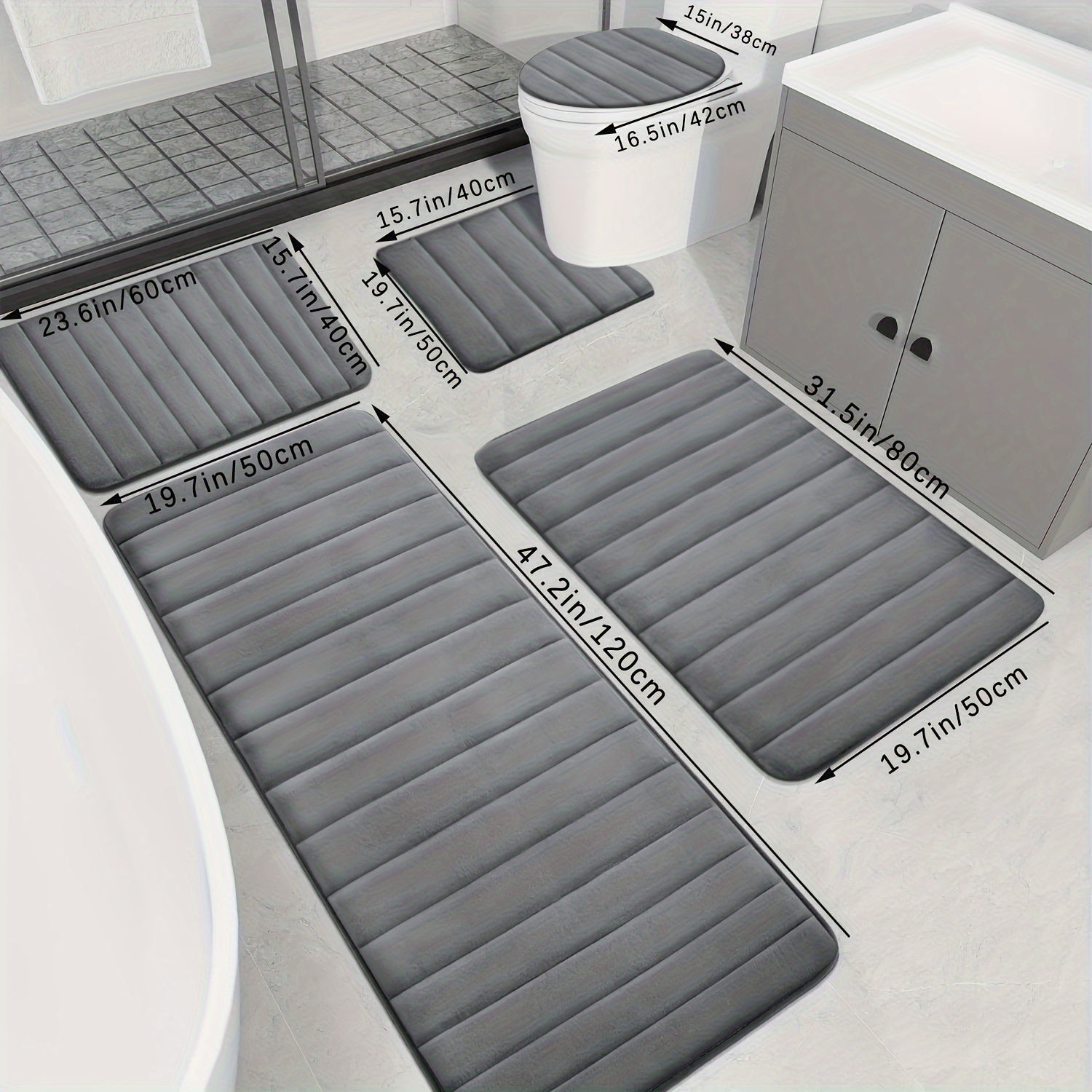 5-Piece Memory Foam Bath Mat Set Non-Slip Absorbent Soft Polyester Bathroom Rugs in Black Gray Blue Brown