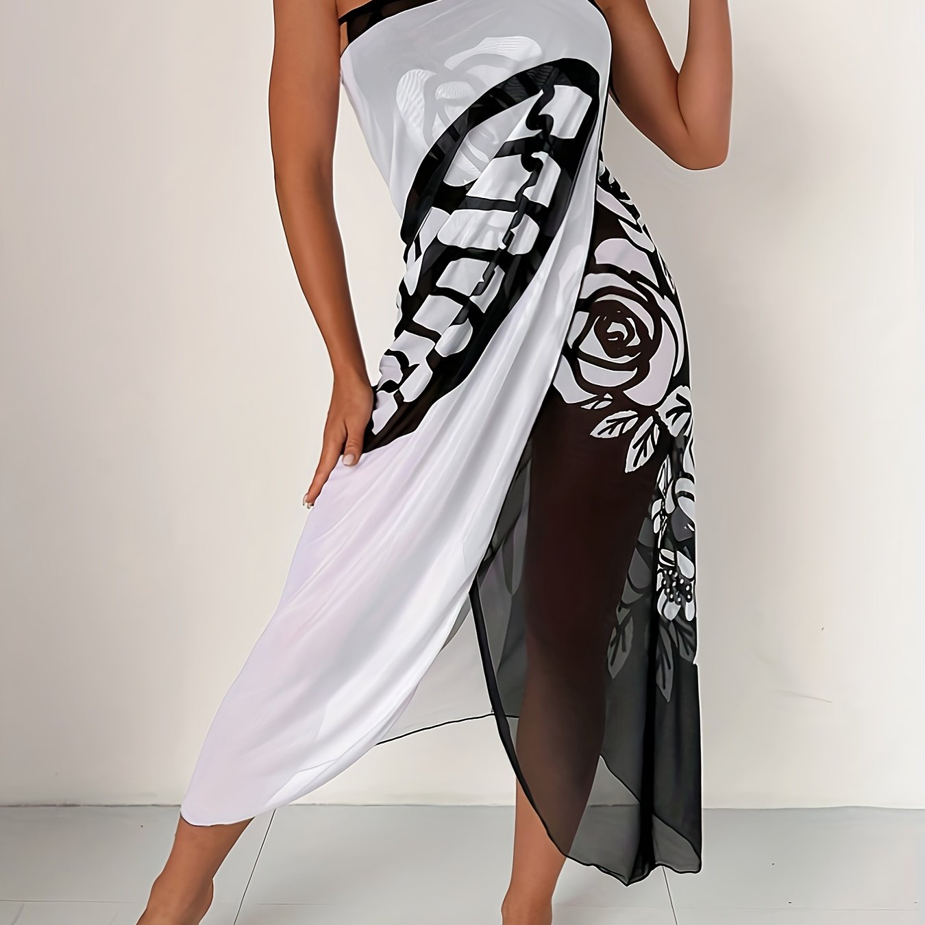 Boho Floral Mesh Cover-Up Dress with Cross Detail and Butterfly Hijab Shawl