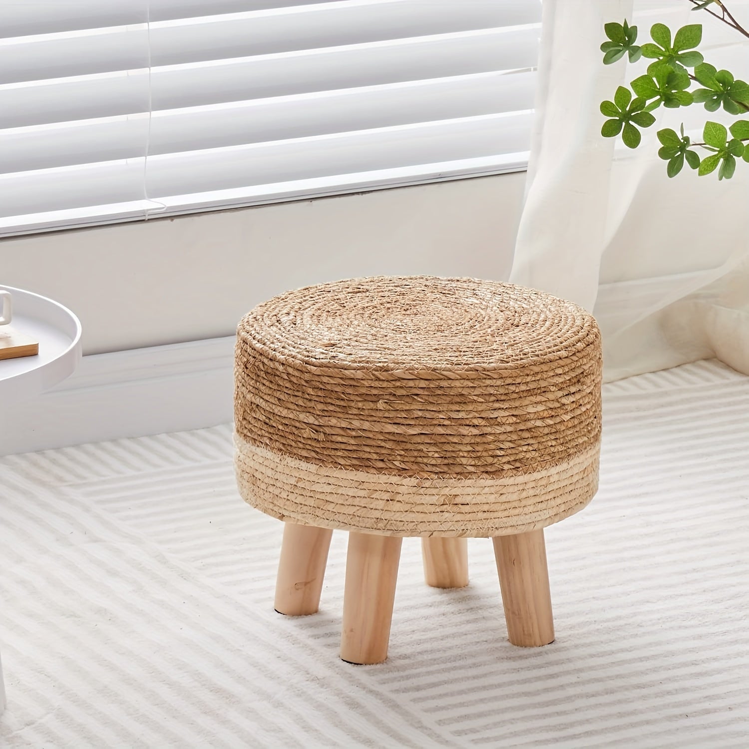 Handwoven Seagrass Round Footstool with Pine Wood Legs Non-Skid Base Rustic Home Decor