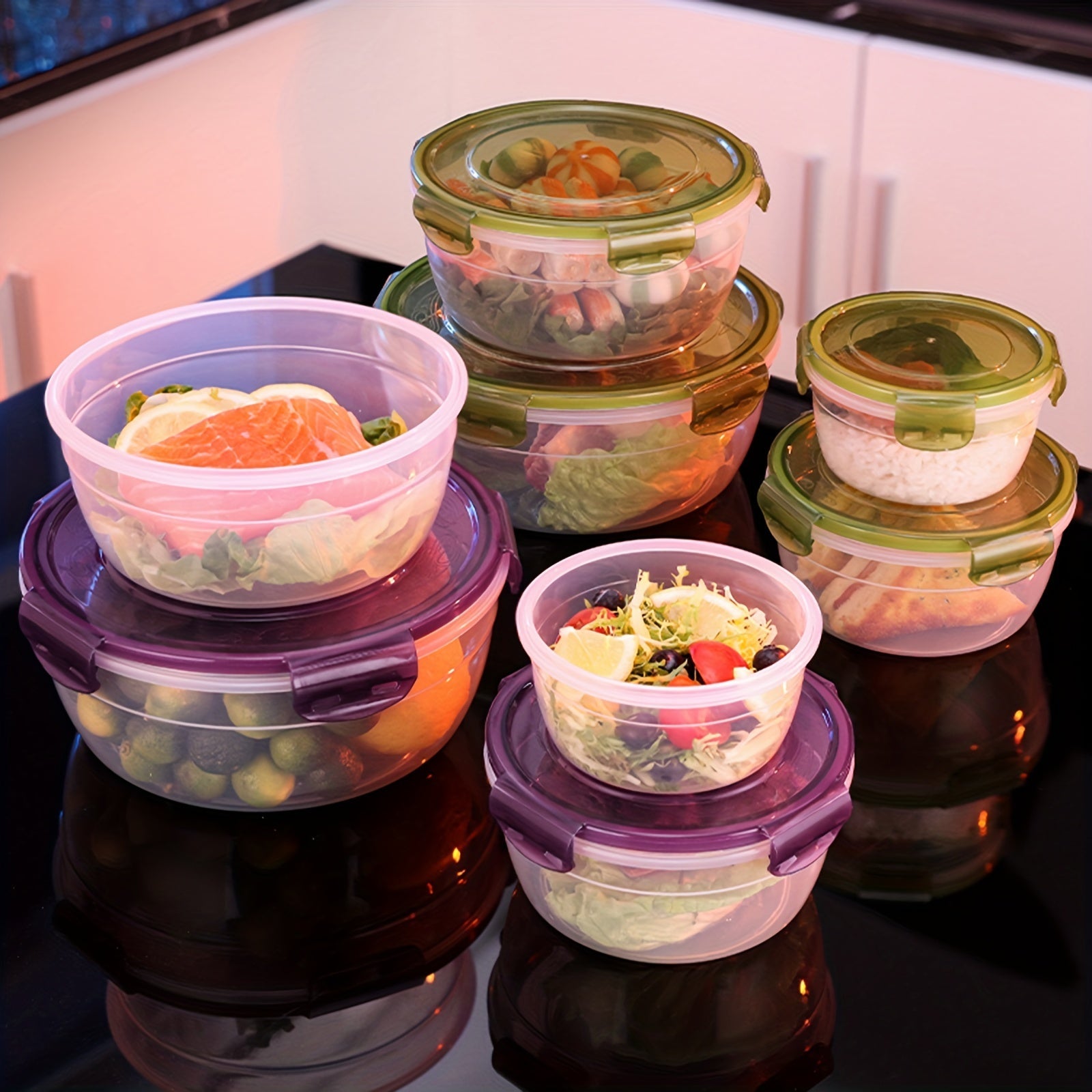 4 ta saqlash qutisi to'plami, zamonaviy dumaloq uslubda yangi oziq-ovqat saqlash uchun, muzlatgich va mikroto'lqinli pechda foydalanish uchun qulay va ko'chma idishlar, pikniklar, lagerda, maktabga qaytish uchun ajoyib.