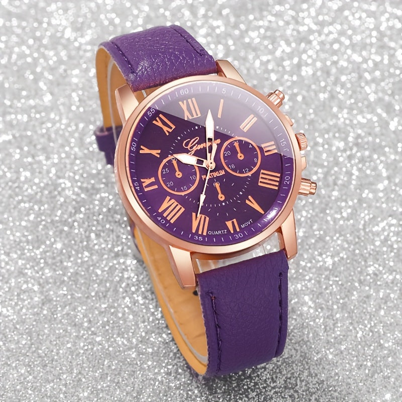Women's Purple Quartz Watch and Heart Jewelry Set with Faux Leather Strap and Zinc Alloy Case