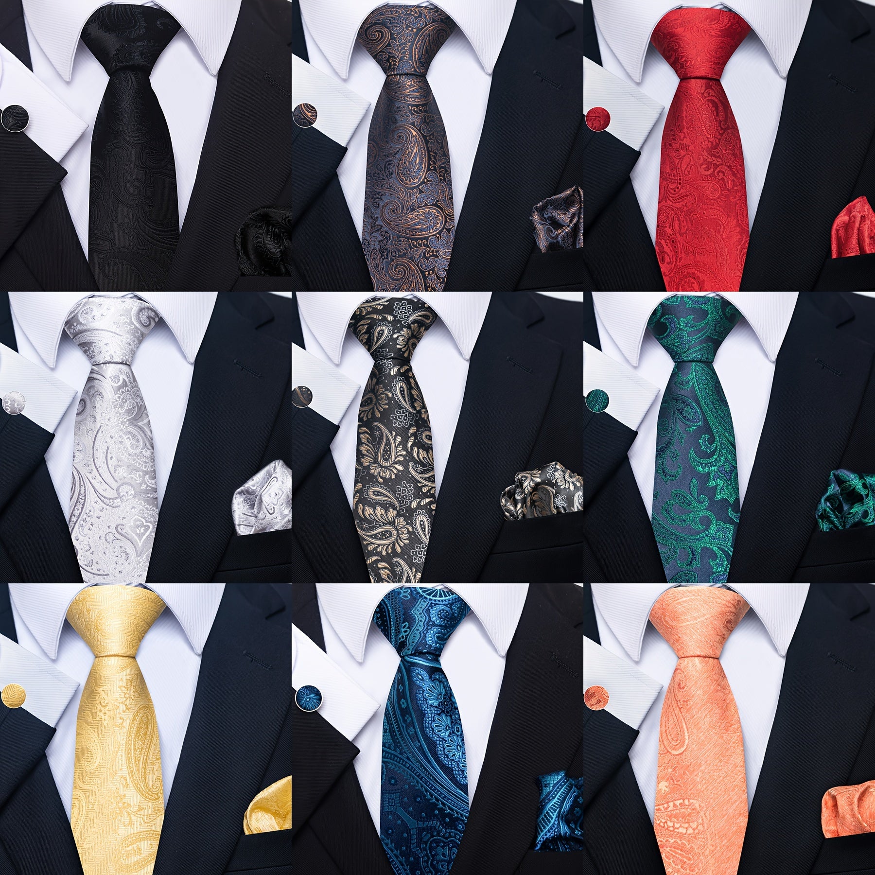 Men's Paisley Tie Handkerchief Cufflinks Set for Weddings Parties Business