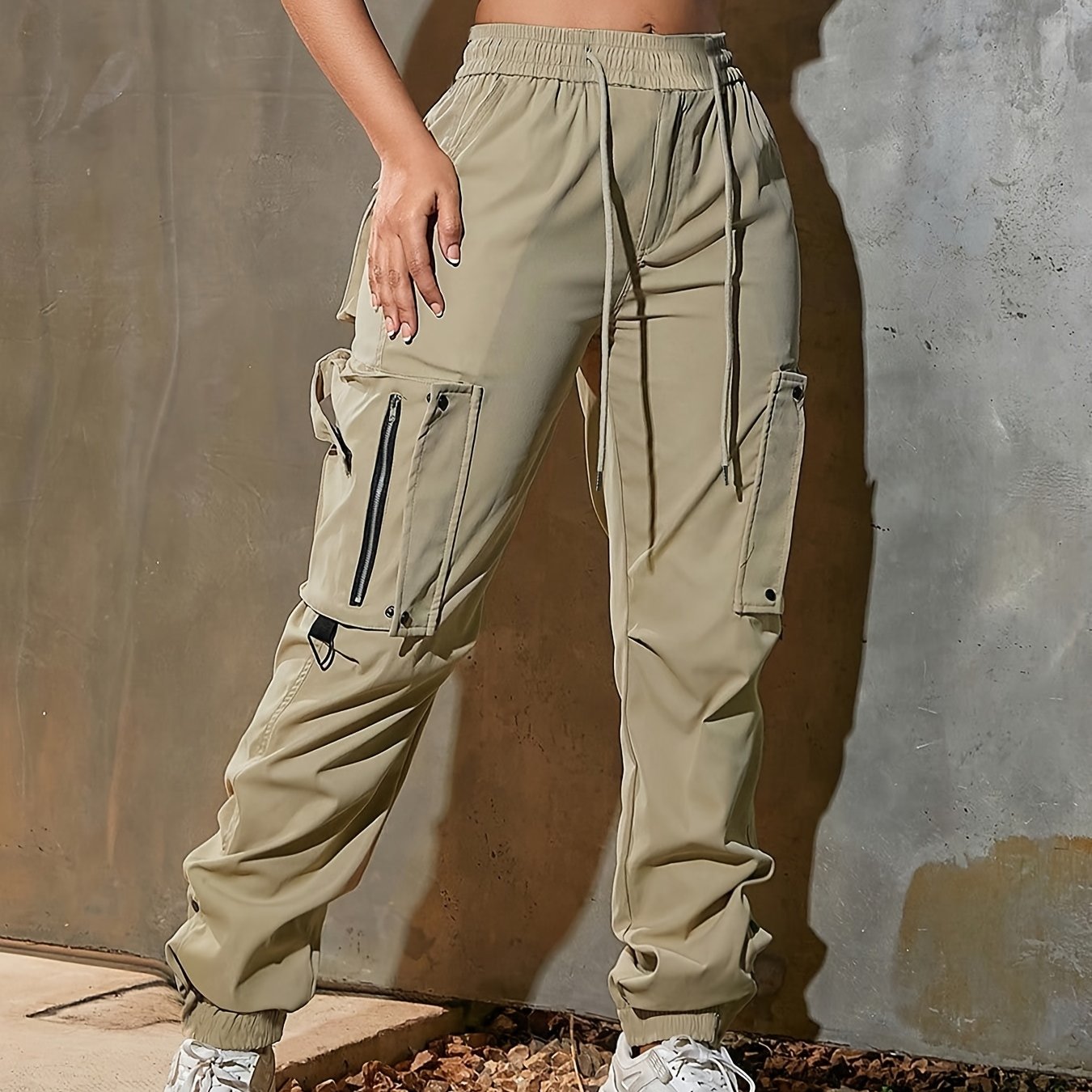 Pantalones cargo de cintura alta para mujer de corte holgado con bolsillos poliéster casual para todas las estaciones