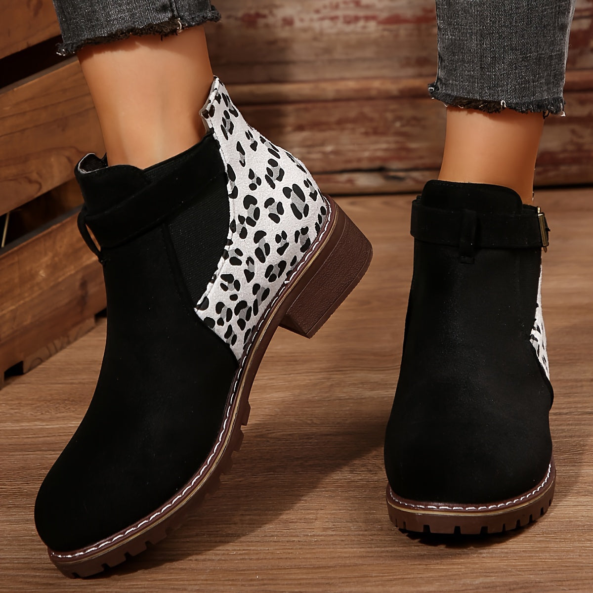 Women's Leopard Print Ankle Boots with Buckle Strap Casual Slip-On All-Season