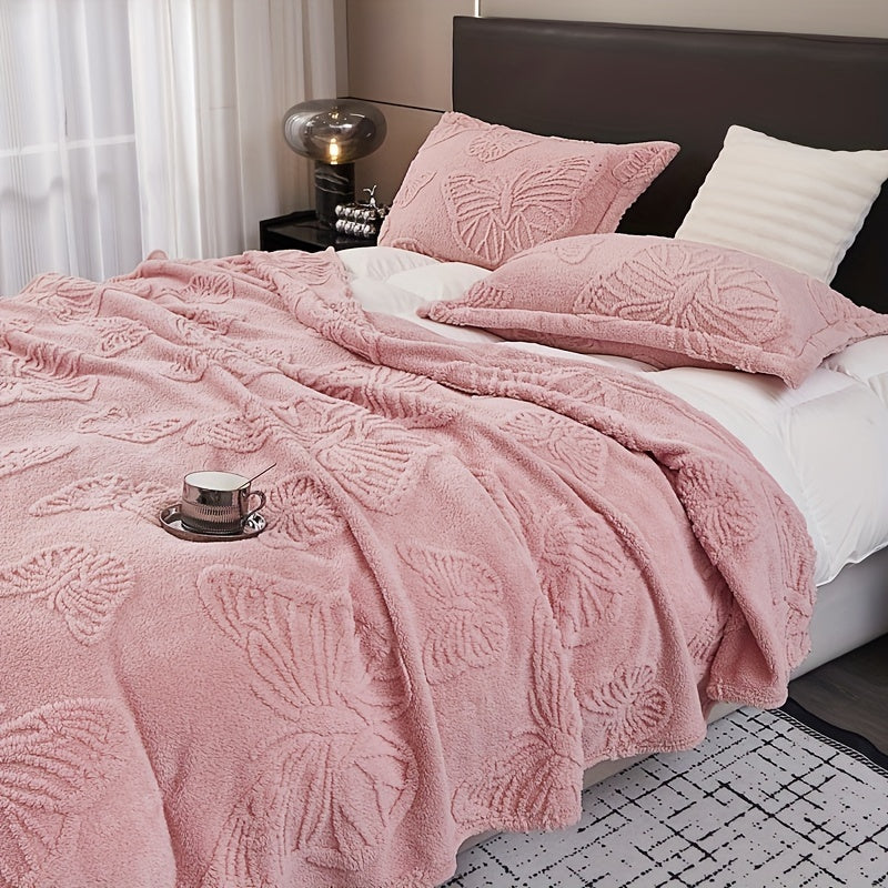 Pink Taffeta Jacquard Blanket for Bed Sofa Couch Multifunctional Butterfly Throw