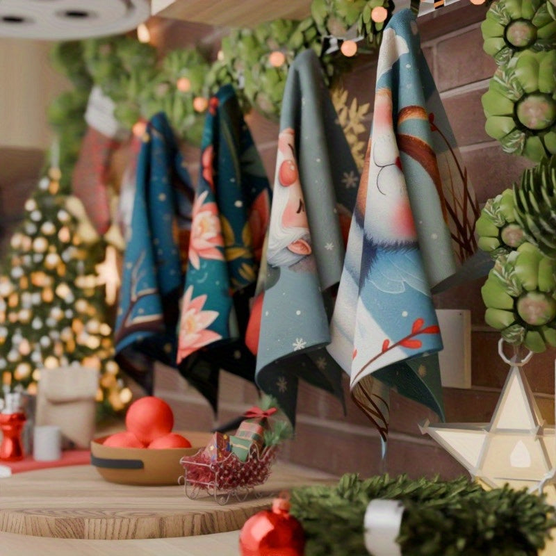 Set of 4 Holiday Kitchen Towels Reindeer Elk Christmas Trees Santa Canvas