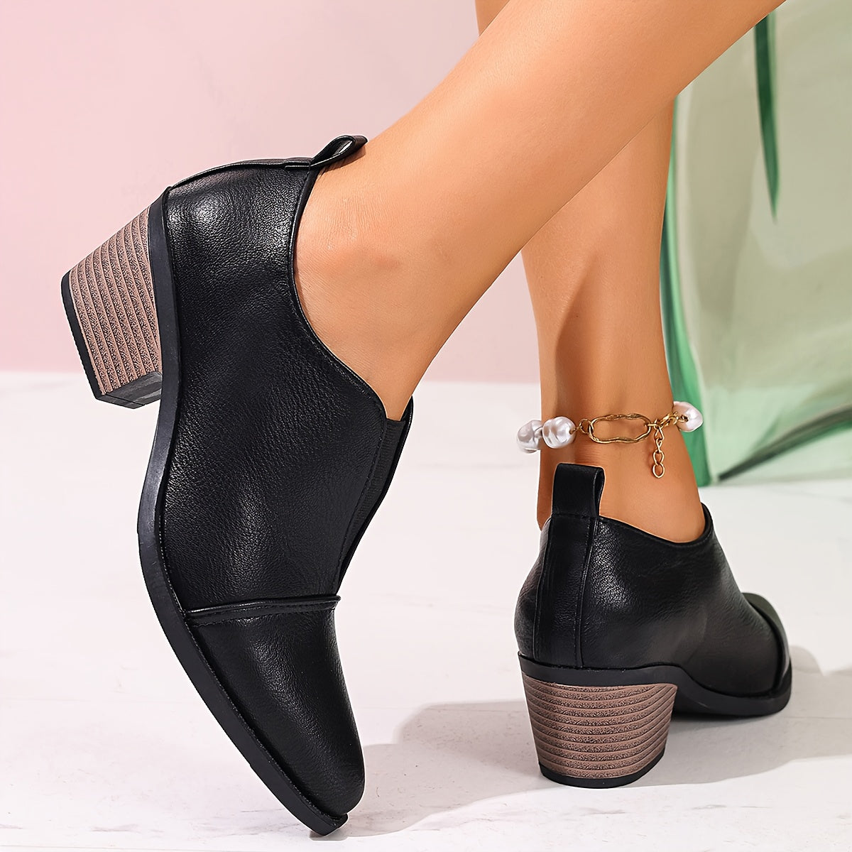 Women Black Pointed Toe Ankle Boots Slip-On Block Heel Casual All-Season